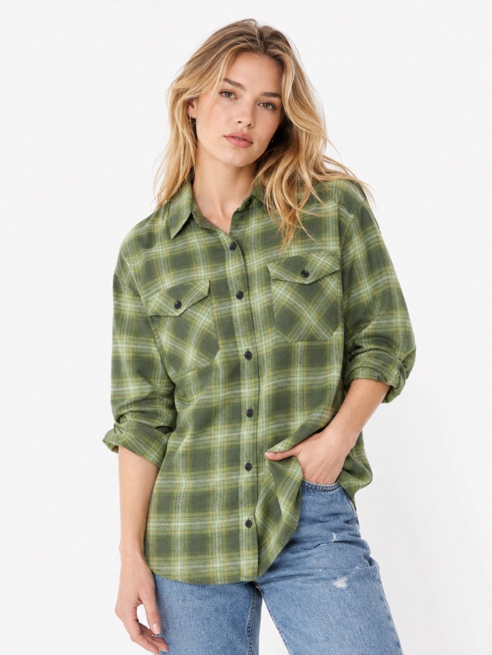 Wild Fable Women's Oversized Long Sleeve Collared Flannel Shirt Green Size M